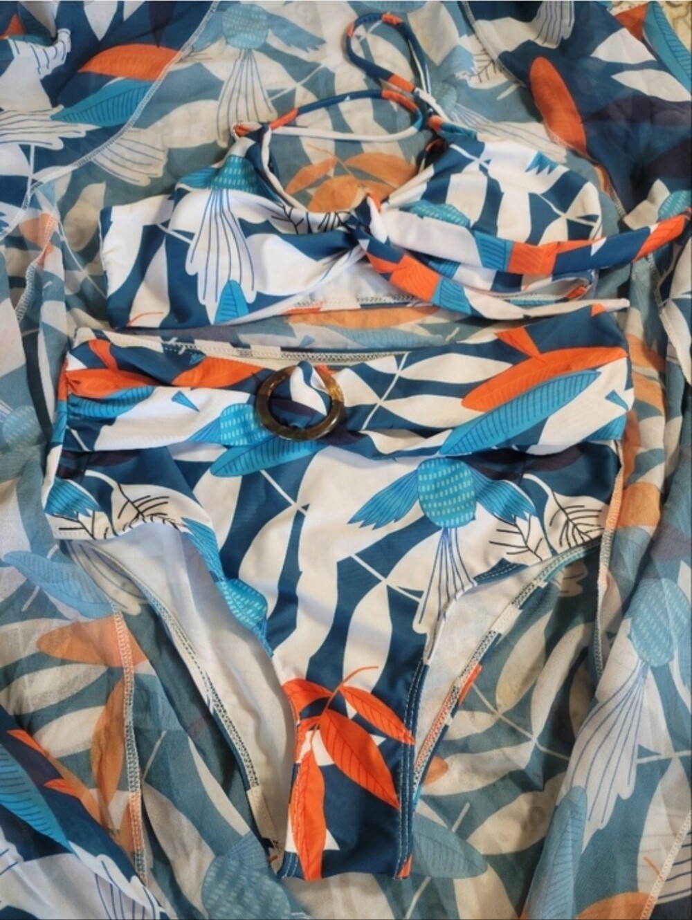 3 Piece Bikini Set Women's Navy, White and Orange Tropical Top Bottom&Cover-up